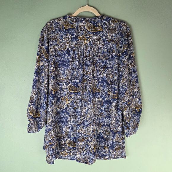 Zac & Rachel Woman Navy Blue Paisley Pintucked Long Sleeve Tunic Top Size 1X - Picture 2 of 7
